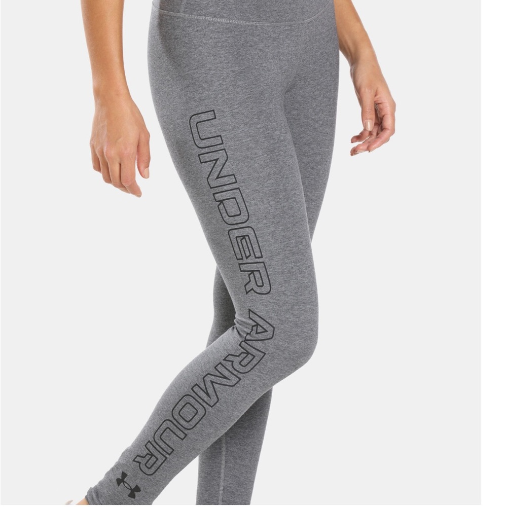 NWT Under Armour Women Heather Gray Full Length Leggings with Black Logo- size S